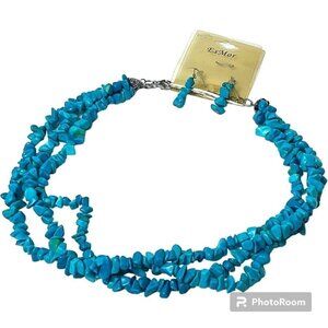 VINTAGE EsMor Faux Turquoise 3 Strand Necklace and Matching Earrings